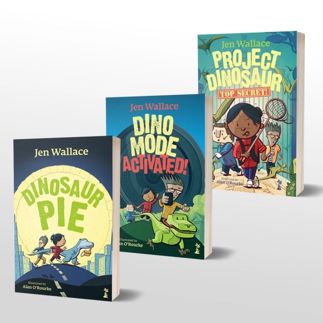 Image of 3 books by Jen Wallace@ Dinosaur Pie, Dino Mode Activated, Project Dinosaur